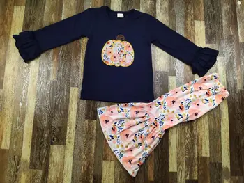 

black long sleeve floral pumpkin shirt with flared girl clothing set