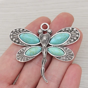 

3 x Dragonfly Charms Pendants with Faux Turquoise Stones for Necklace Jewelry Making Findings 60x53mm