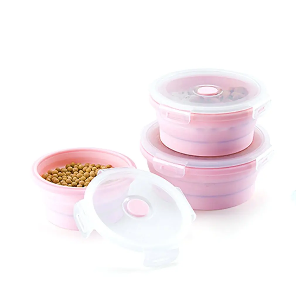 refrigerador de pl/ástico resistente a altas temperaturas 350 ml color rosa y azul Fiambrera port/átil plegable de silicona redonda para microondas