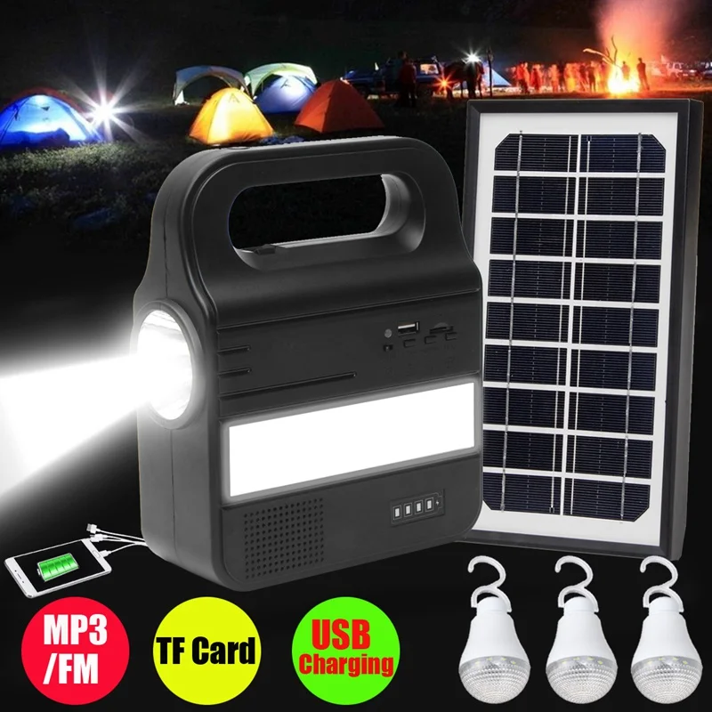 

Smuxi 1Set Solar Lighting System Generator USB Charging Rechargeable Lamp MP3/FM Camping Supply With 1xSolar Panel 3xBulb