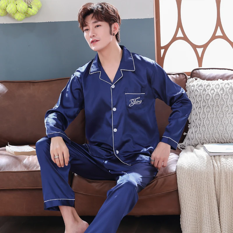

Men's Pajamas Set Autumn Winter Silk Male Pajamas Sets Simple Sleepwear Men's Long Sleeve Nightwear Top Pant Leisure Pyjamas Set