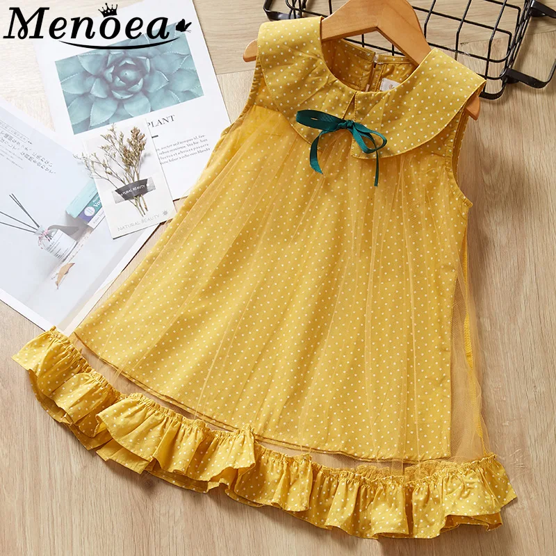 

Menoea 2019 Brand Summer Dress Baby clothing Bohemian Style Girls Dots Lace Dress Splicing Sleeveless Bow Clothes Mesh Dress