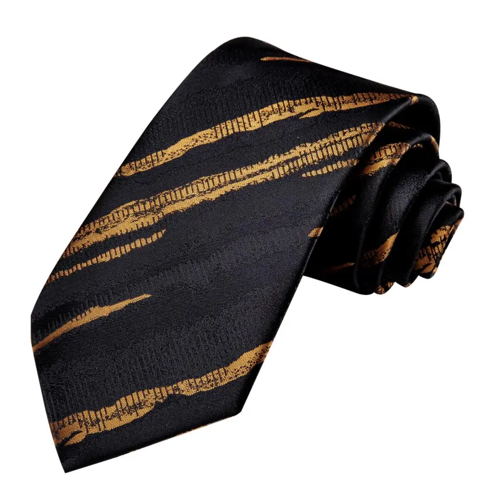 Hallo-Krawatte Schwarz Gold Striped Silk Hochzeit Krawatte Für Männer Handky Manschettenknopf Herren Krawatte Set Mode Designer Business Party dropshipping – Detail 11