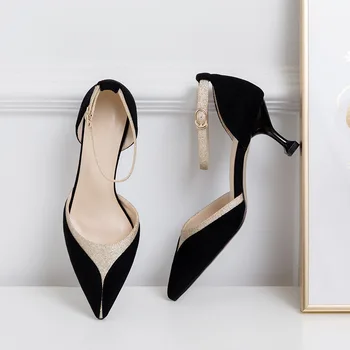 

Genuine Leather Pointed-Toe Semi-high Heeled Cool Shoes Mixed Colors Thin Heeled Closed-toe Hallow Cover Heel WOMEN'S Shoes