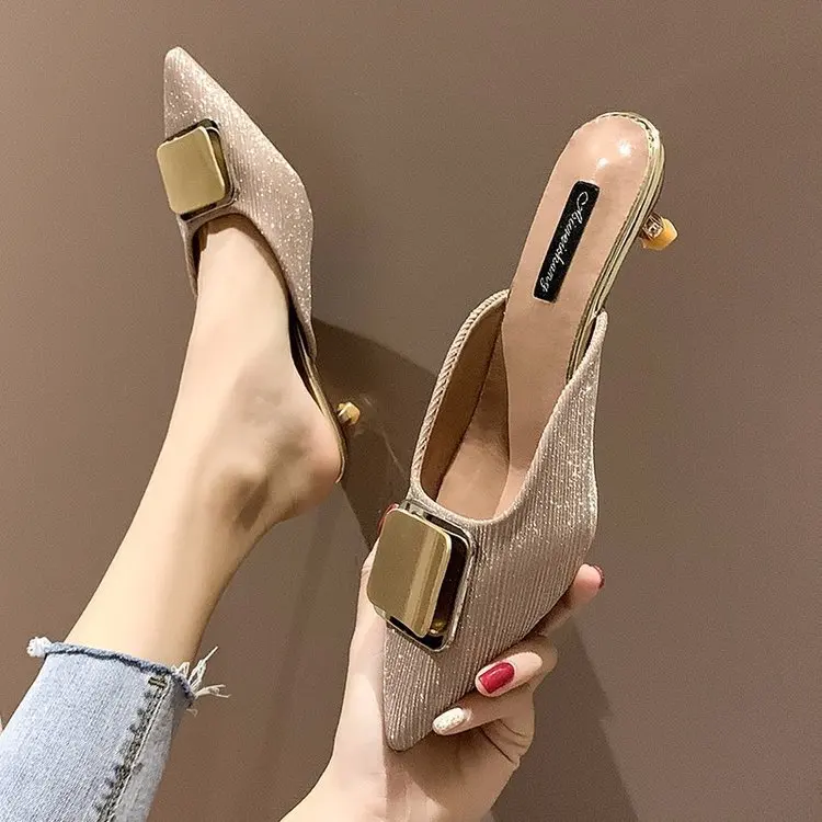 

2019 New Style Korean-style Fashion Metal Square Buckle Pointed-Toe Thin Heeled High Heel Slippers Women's Outer Wear Slipper Mu