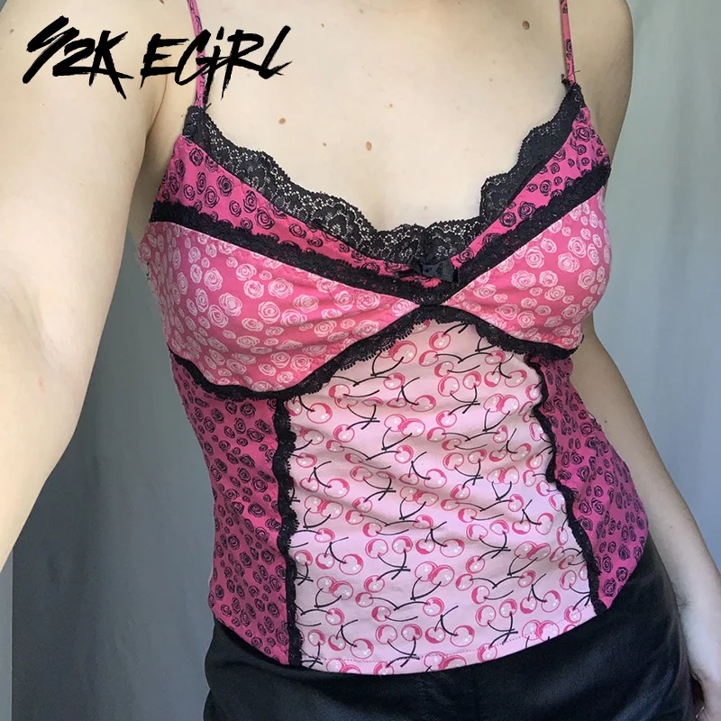 

Y2K EGIRL Aesthetics Pink Floral Pattern Spaghetti Strap Cropped Tops Sweet V-neck Lace Trim Backless Camis Patchwork Party Top