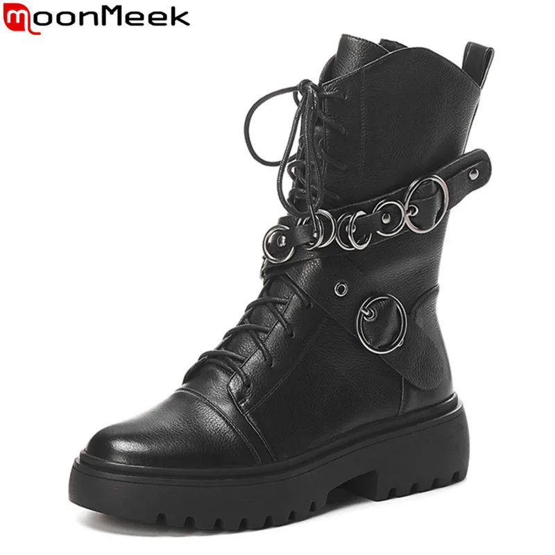 

MoonMeek 2020 New brand high quality genuine leather women boots black med heels round toe buckle autumn winter ankle boots