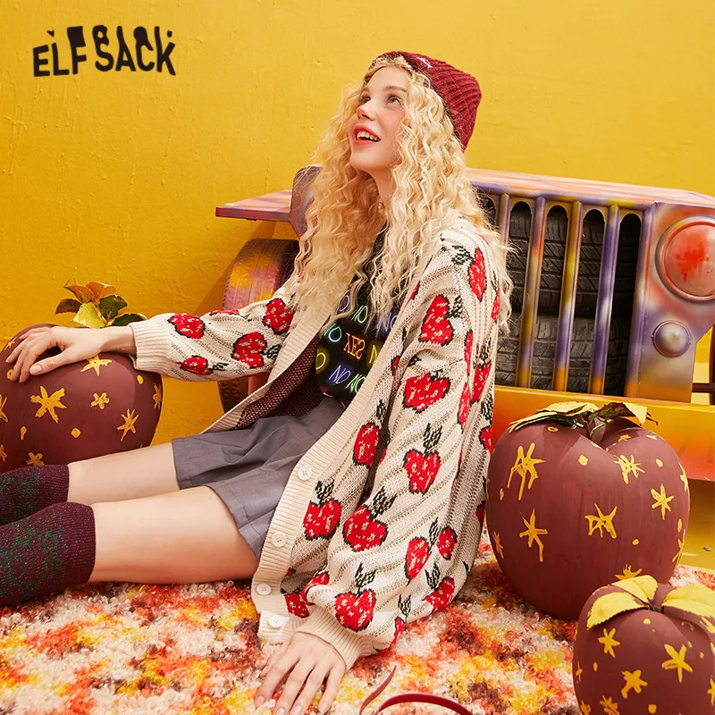 ELFSACK вязаный кардиган с зеленым яблоком женские свитера 2019 зимние белые
