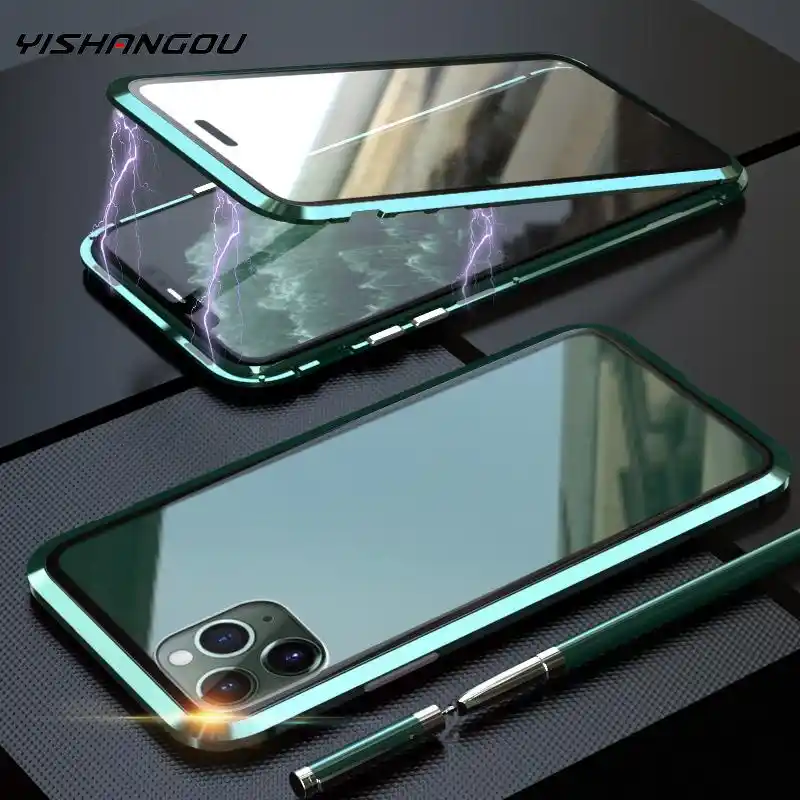 Металлический магнитный чехол для iPhone 11 12 Pro двойной из закаленного стекла