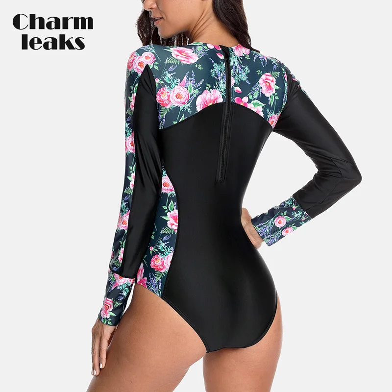 

Charmleaks Women Long Sleeve Back Zipper Rashguard One-piece Swimsuit Swimwear Surfing Top Rash Guard UPF50+ Diving Shirts