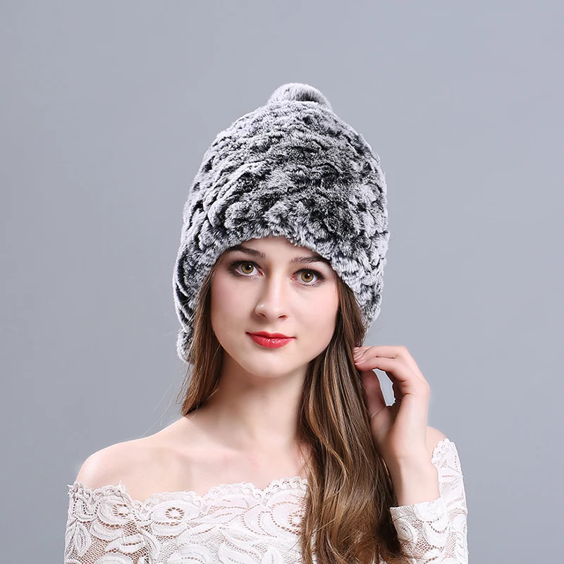 Зимние шапки из натурального меха, женская модная Лыжная шапка, упругая шапка из кроличьей шерсти - Цвет: Gray