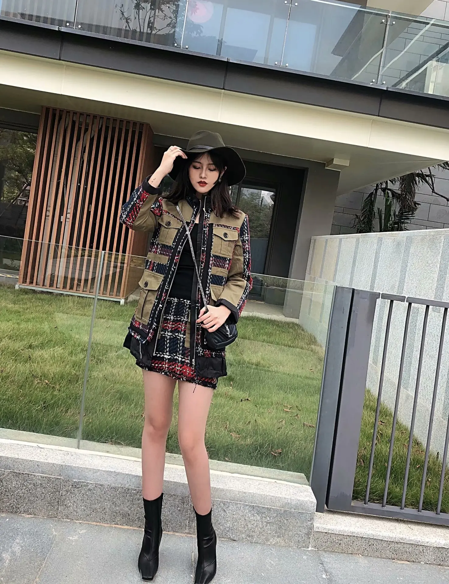 

Autumn New Style Europe And America WOMEN'S Dress Versitile Fashion Tweed Joint Loose-Fit Multi-pockets Zipper Jacket W2780