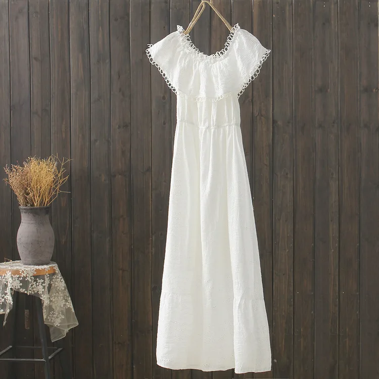 

Horizontal Neck Embroidered Pure Cotton Dress Summer Wear for Women Waist Hugging Explicit Thin Holiday Beach Skirt Swinging Ski
