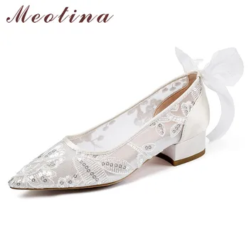 

Meotina High Heels Women Pumps Mesh Embroider Thick Heels Wedding Shoes Ribbon Bow Pointed Toe Shoes Ladies White Big Size 33-43