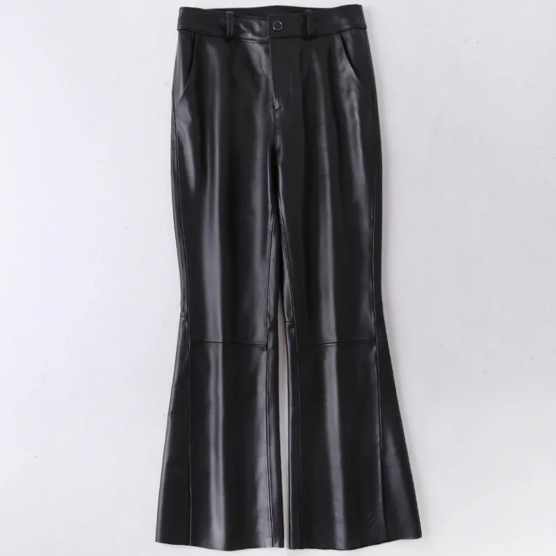 

2020 Spring autumn women's high quality genuine leather pants Chic elegant leather bell-bottom trousers B385
