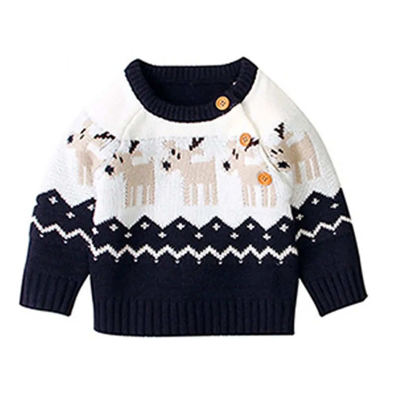 Осень-зима, вязаные Рождественские свитера с оленем и длинными рукавами для маленьких мальчиков и девочек, хлопковые свитера для мальчиков и девочек