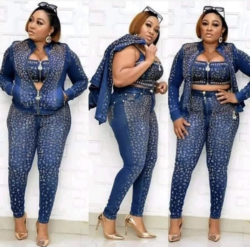 2022 Casual African Denim 3 Piece Sets Ladies Full Sleeve Tops And Pants With Bra Fashion Flowers Tracksuit For Women |