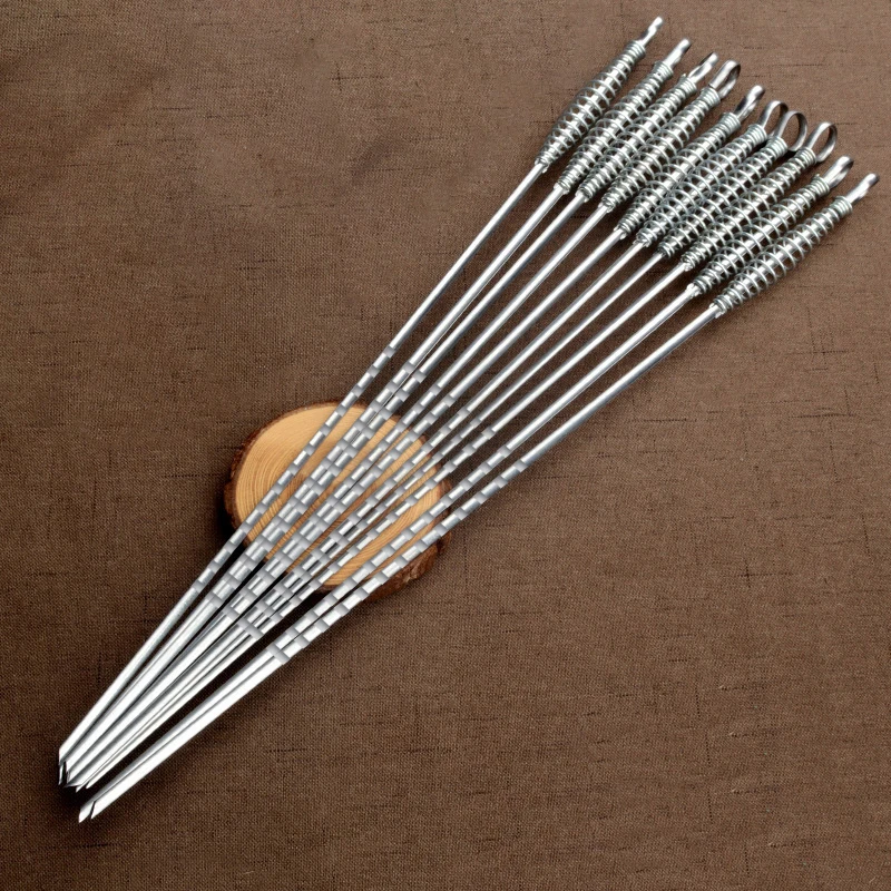 50cm Stainless Steel BBQ Skewer Barbecue Tool Spring Handle Kebab Flat Needle Outdoor Picnic Accessories 6 12pcs