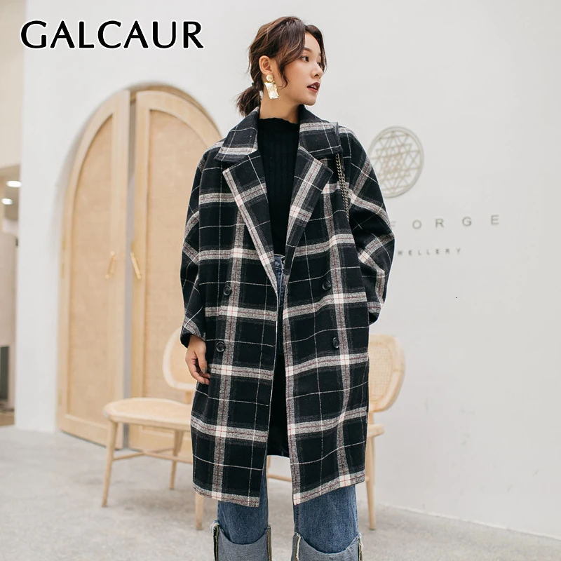 Женская шерстяная куртка в клетку GALCAUR Осенняя с отложным воротником и длинными