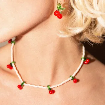 

fashion Cute cherry fruit necklace handmade freshwater pearl beaded choker summer trend clothing accessories gift for girl