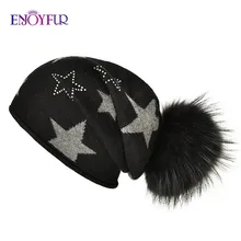 ENJOYFUR шапки с помпонами из натурального меха для женщин, Модная вязаная женская громоздкая шапка, стразы, шапочки, шапка Гравити Фолз