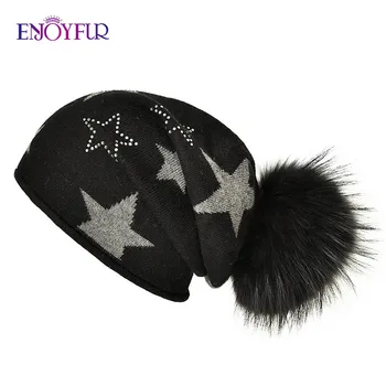 

ENJOYFUR Real Fur Pom Pom Hats For Women Fashion Knitted Female Slouchy Cap Rhinestones Beanies Gravity Falls Cap
