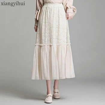 

Beige Black Sexy Lace Skirt Mesh Patchwork Long Skirt Women's Summer Elastic Waist Skirt Tulle Female High Quality Clothes 2020