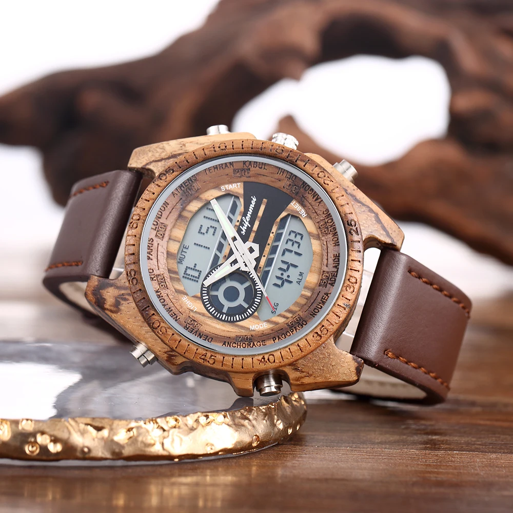 

Shifenmei Antique Mens Zebra and Ebony Wood Watches with Double Display Business Watch in Wooden Digital Quartz Watch 2139L