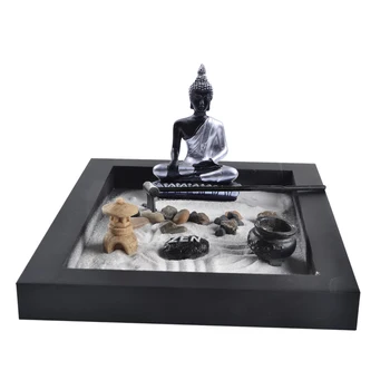 

Zen Garden Sand Tray Mini Tower Stone Pebbles Rake Set Home Room Ornament
