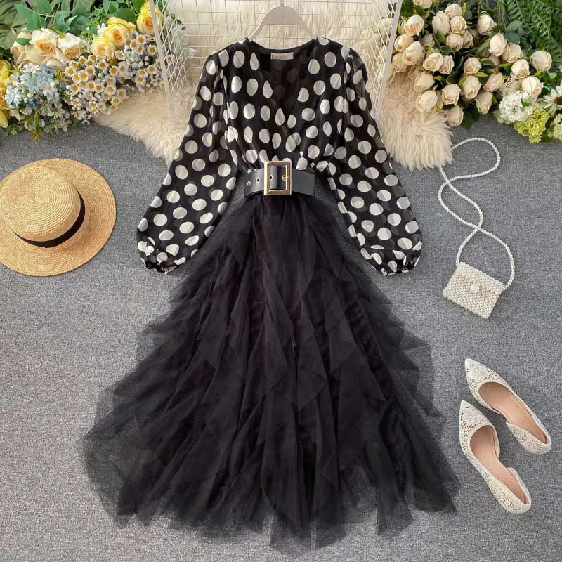 

NiceMix Women's Dress Explosion Style Retro Dot Lantern Sleeve Patchwork Irregular Mesh Dress V-neck Sashes Waist A-line Dress