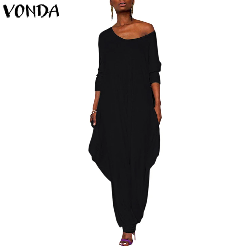 VONDA, модный осенний женский длинный сексуальный женский комбинезон, элегантный комбинезон с открытой спиной и коротким рукавом, женский комбинезон размера плюс s