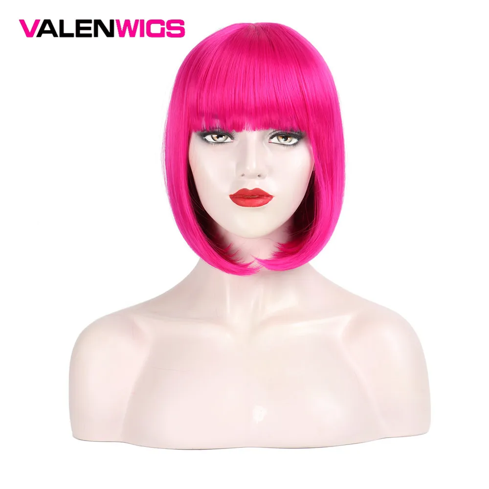 

Valenwigs Short Straight Bob Style Hair Wigs with Flat Bangs Synthetic Hair Cosplay Daily Party Wig for Women 7 colors available