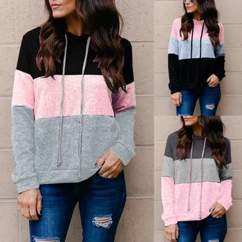 

Autumn Winter Sweatshirt Loose Color Matching Warm Long-sleeve Hooded Drawstring Pullover Clothes Women