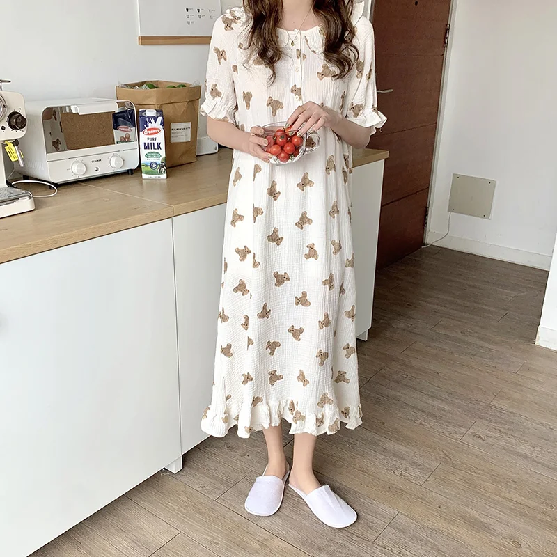 Bear Cartoon Print Summer Nightgown Korean Soft Cotton Long Sleepwear Short Sleeve Ruffles Nightdress Buttons Kawaii Homewear