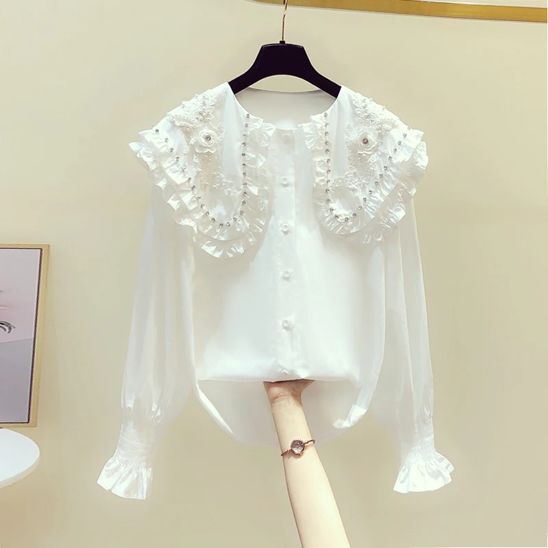 

Women Blouse New Heavy Industry Lace Beaded Fairy Shirt Women's 2020 Spring New Doll Collar Long Sleeve Blouses Blusas Femme
