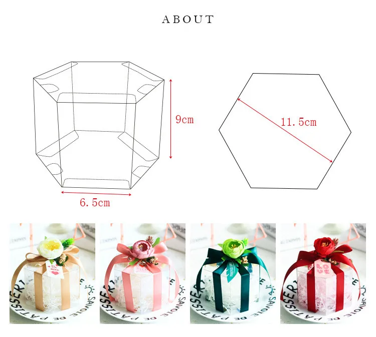 10pcs11. 5x6,5x9 см DIY 2 см ленты Шестигранная форма четыре цвета Свадебная прозрачная коробка Цветок Милая креативная упаковка для шоколада коробка