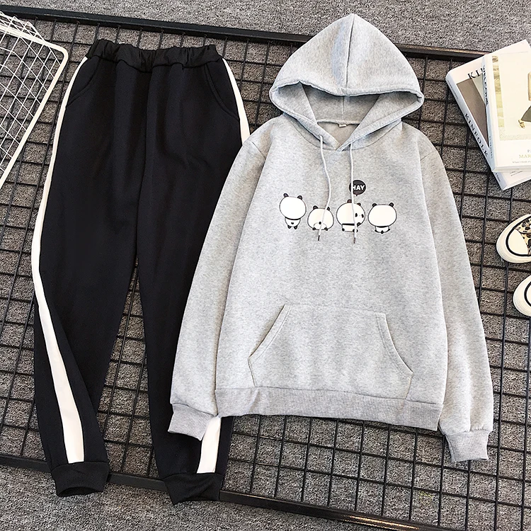 8 Color Tracksuit Sets Women 2 Piece Set Kawaii Hoodies Sweatshirts Top+drawstring Pants Matching Suit Female Winter Clothing - Color: Glay
