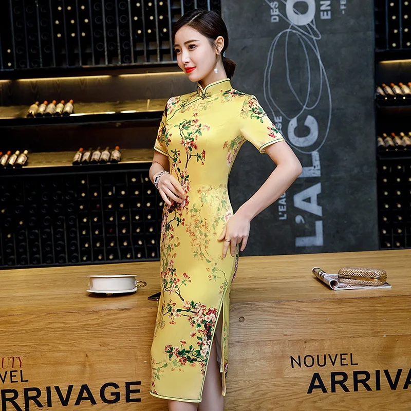 Жёлтое китайское платье миди длинное Cheongsam Aodai Восточный Vestido винтажное платье Fete с принтом шелковое Qipao Ao Dai вьетнамское платье FF2187