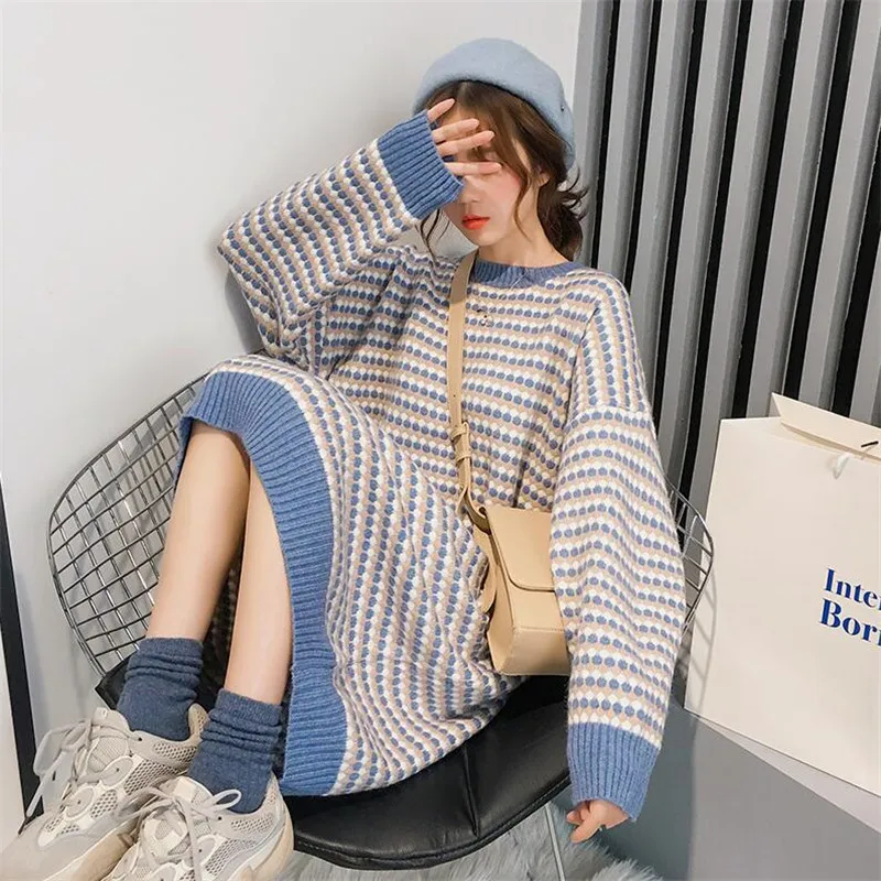 2020 Women's Autumn and Winter Long Sweater Head Over The Knee Loose Korean Retro Style New Knit Dress Bottoming Shirt | Женская