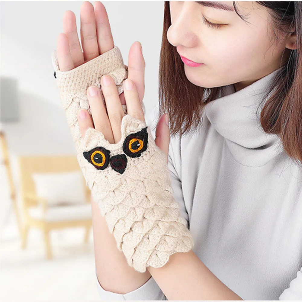 Gloves Female Winter Warm Knit Half Finger Wool Thickening Jacquard Korean Version Of The Finger Owl Cartoon Writing