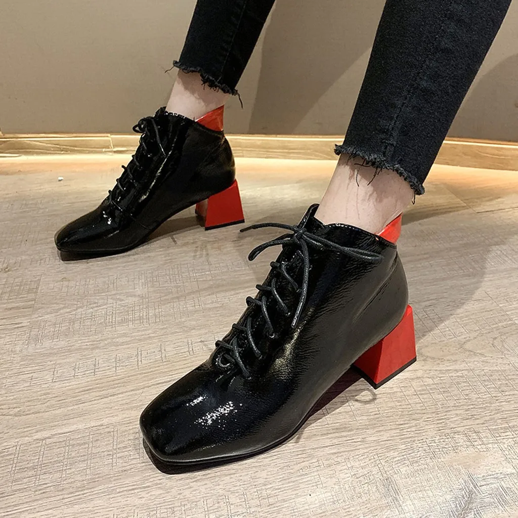 

Square Toe ankle boots Women Fashion Lace-Up Short Booties Color Matching shoes Ankle Botas Mujer Warm Plush Insole Shoes