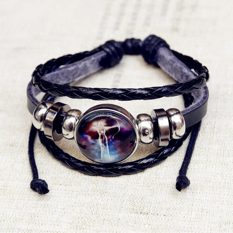 12 знаков зодиака Созвездия Браслеты Черные кнопки плетеный кожаный браслет