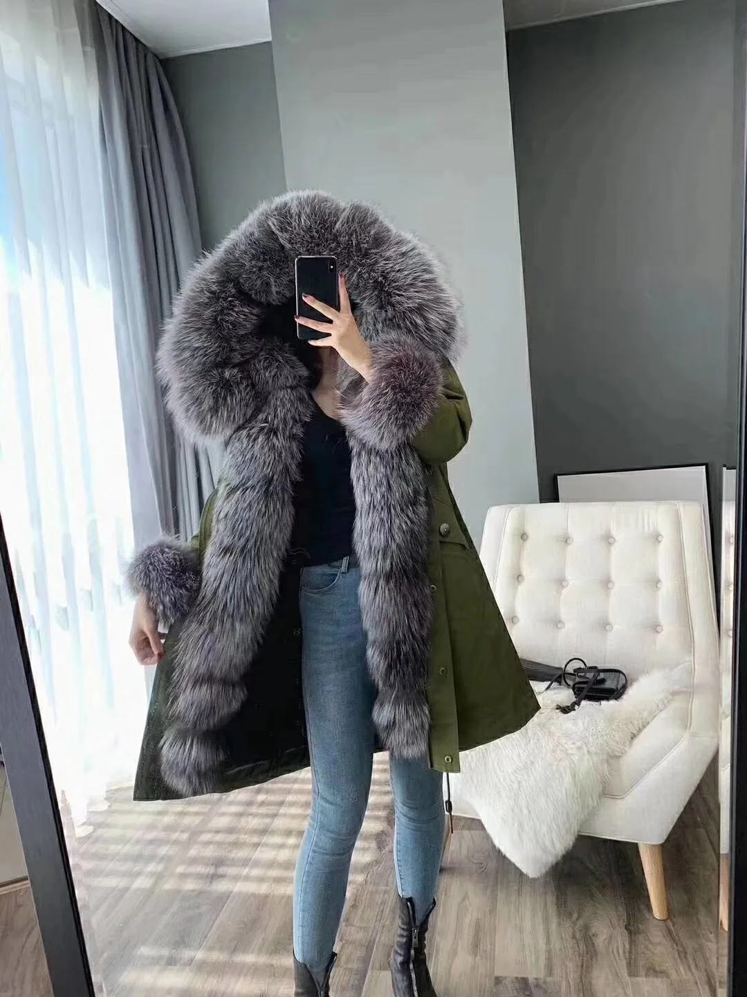 photos colors Женская длинная парка OFTBUY, с натуральным мехом лисы на воротнике и капюшоне и съемным мехом кролика на подкладке, зимняя куртка, уличная одежда - Цвет: photos colors