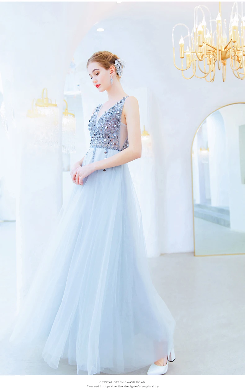 Robe De Soiree V образным вырезом Вечерние платья кристаллы, блестки сверкающие платья для выпускного вечера тюль Винтаж Вечернее торжественное платье Abendkleid