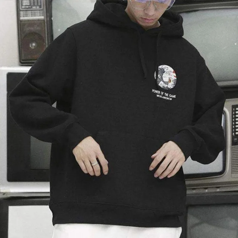 Cena Jesień japoński drukuj bluzy męskie moda uliczna z kapturem Funny Cat Wave aksamitna bluza męska 2019 Winter Casual Unisex czarna bluza
