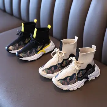 

2020 Fall Child Lace-up Ankle Boots Black Kids Pu Knitted Patchwork Short Boots Boy Girl Spring Autumn Shoes Size 26-37