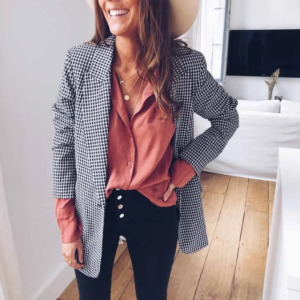 Новинка, Женский винтажный блейзер в черно-белую клетку, повседневный Блейзер, офисный стиль, Ретро стиль, длинный рукав, верхняя одежда, костюмы, шикарное корейское пальто для отдыха