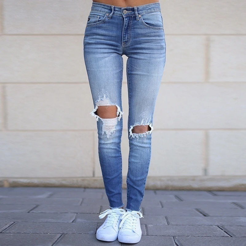 Women Casual Denim stretch hole Jeans Mid Waist Jeans ladies High Elastic Push up Stretch Jeans Washed Denim Skinny Pencil Pants