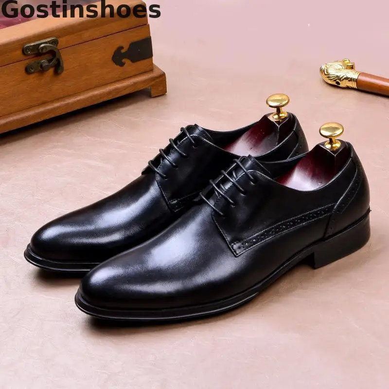 Men Leather Shoes Cowhide Black Wine Red Lace-up Pointed Formal Derby Shoes Genuine Leather Office Shoes Wedding Party Business - Цвет: Black
