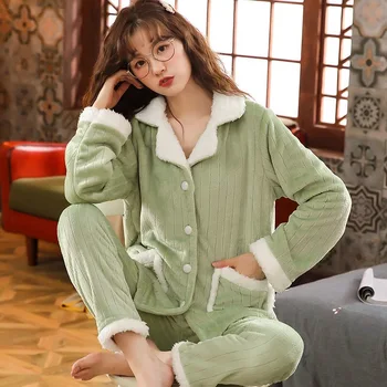 

2020 Autumn Winter Women's Flannel Pajamas Sets Thicken Warm Sleepwear Long Sleeve Plus size Casual 2Pieces/sets Pyjamas